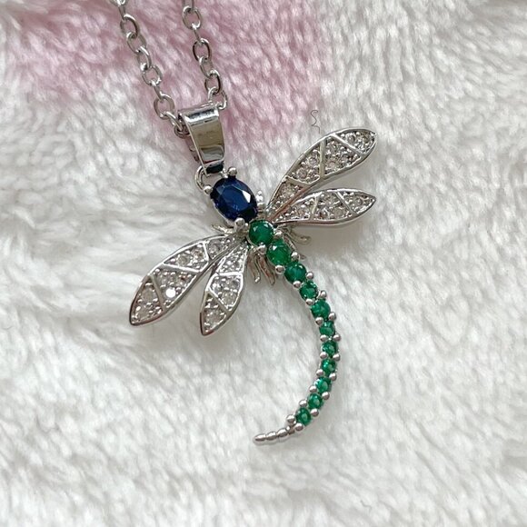 Dragonfly Insect Blue Green and CZ Silver Fashion Pendant Necklace NWOT - Picture 6 of 13